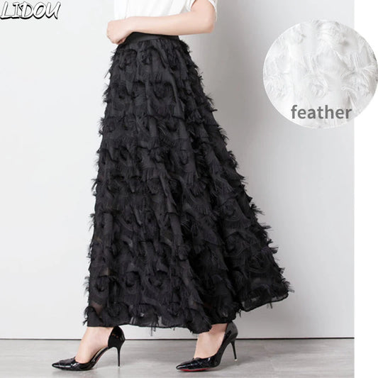2022 Spring Summer New Feather Decorated High Waist Chiffon A-Line Dress Elastic Waist Solid Dress Korean Style Fairy Clothing